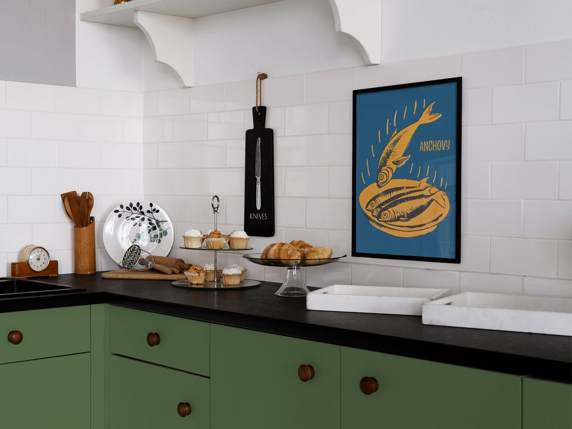 Anchovies Poster Blue Fish Kitchen Wall Art Sardine Poster Seafood Print Retro Food Art Vintage Foodie Gift Anchovy Print - Image 2