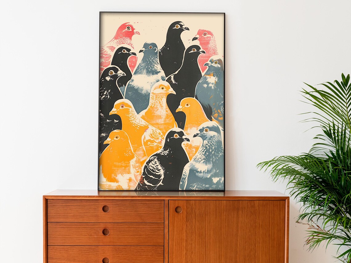 Retro Pigeons Bathroom Pop Art Poster Print - Image 3