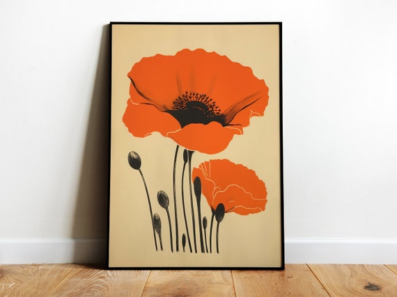 Red Poppy Vintage Botanical Art Print, Boho Style