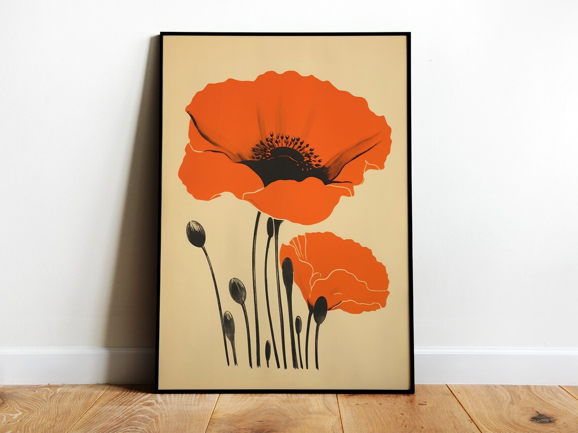 Red Poppy Vintage Botanical Art Print, Boho Style