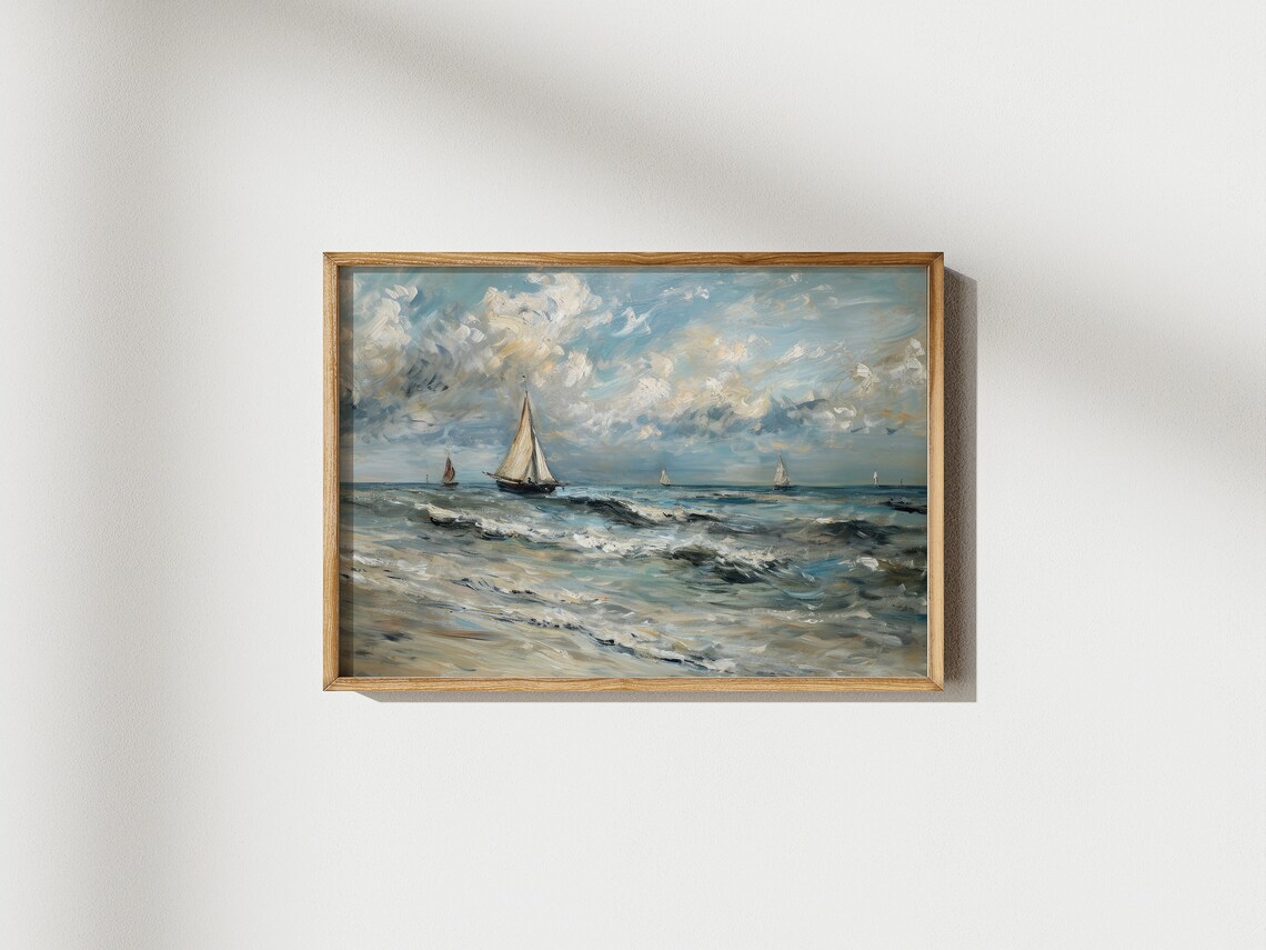 Sailboats On Open Sea Under Cloudy Sky Vintage Coastal Seascape Travel Poster - Image 2