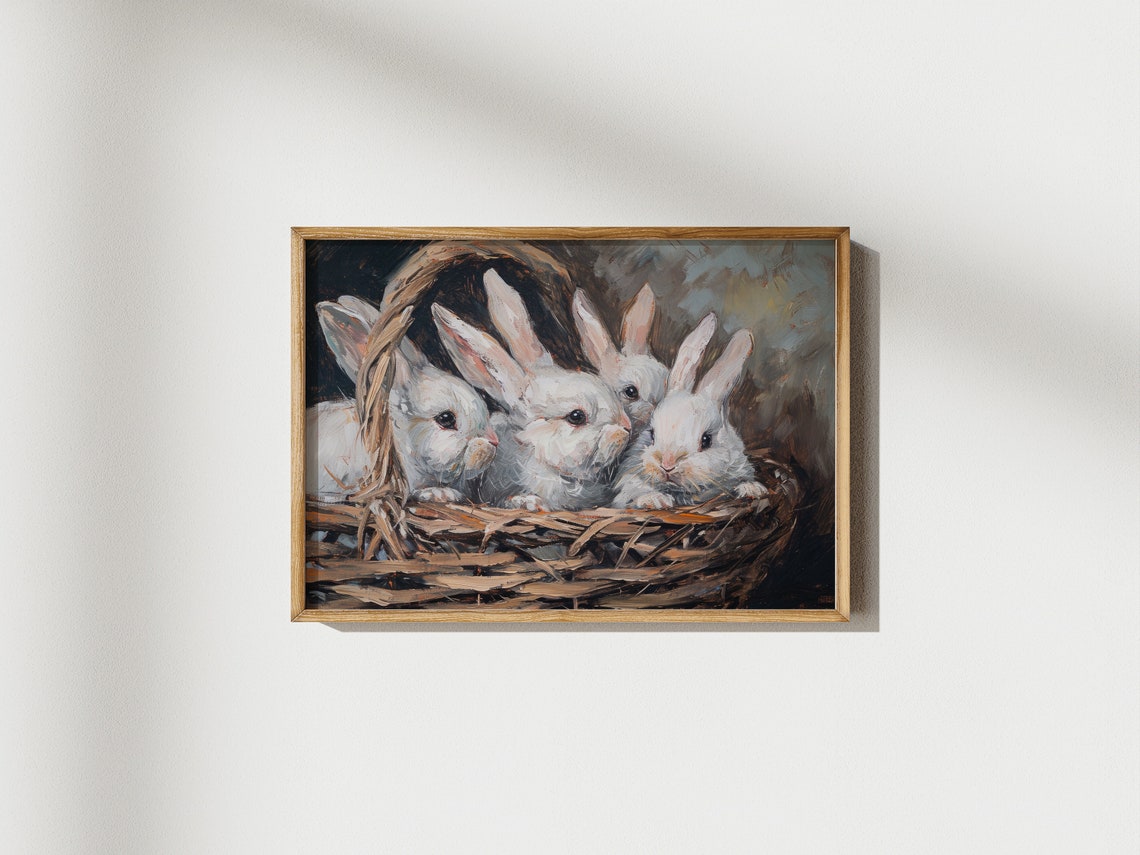 Easter Rabbits Painting Cute White Rabbits Painting Neutral Wall Prints Neutral Farm House Easter Spring Wall Prints - Image 2