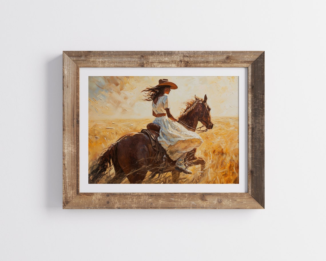Cowgirls Horse Ride Painting Rustic Southwestern Art Woman Feminine Wall Decor Western Field Horse Ride Painting - Image 3