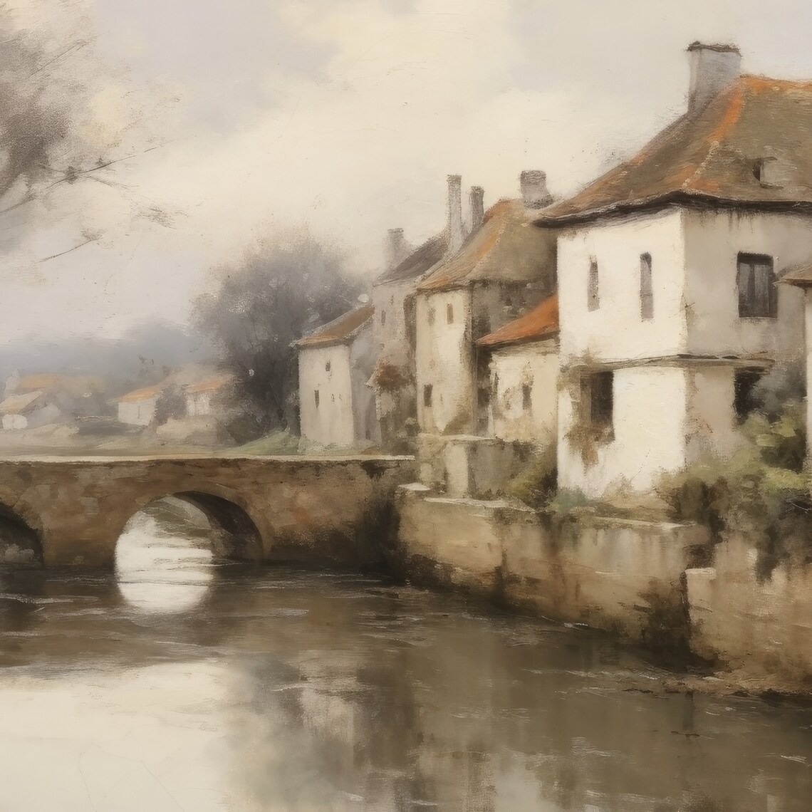 European Village River Stone Bridge Vintage Riverside Town Poster - Image 3