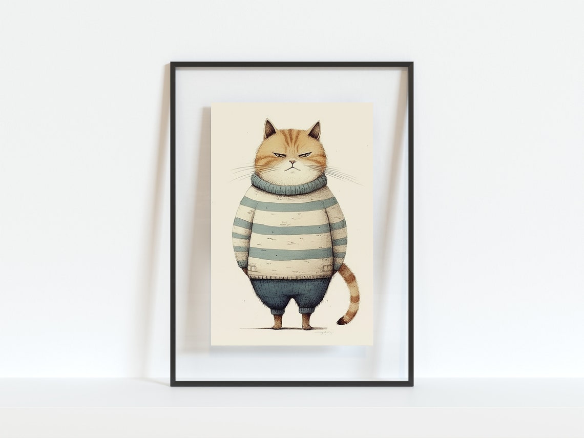 Grumpy Ginger Cat In Blue Striped Sweater Funny Illustration Poster - Image 3