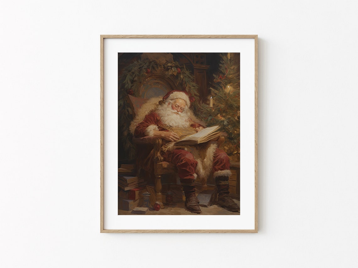 Moody Vintage Santa Claus Reading By A Candlelit Christmas Tree Poster - Image 3