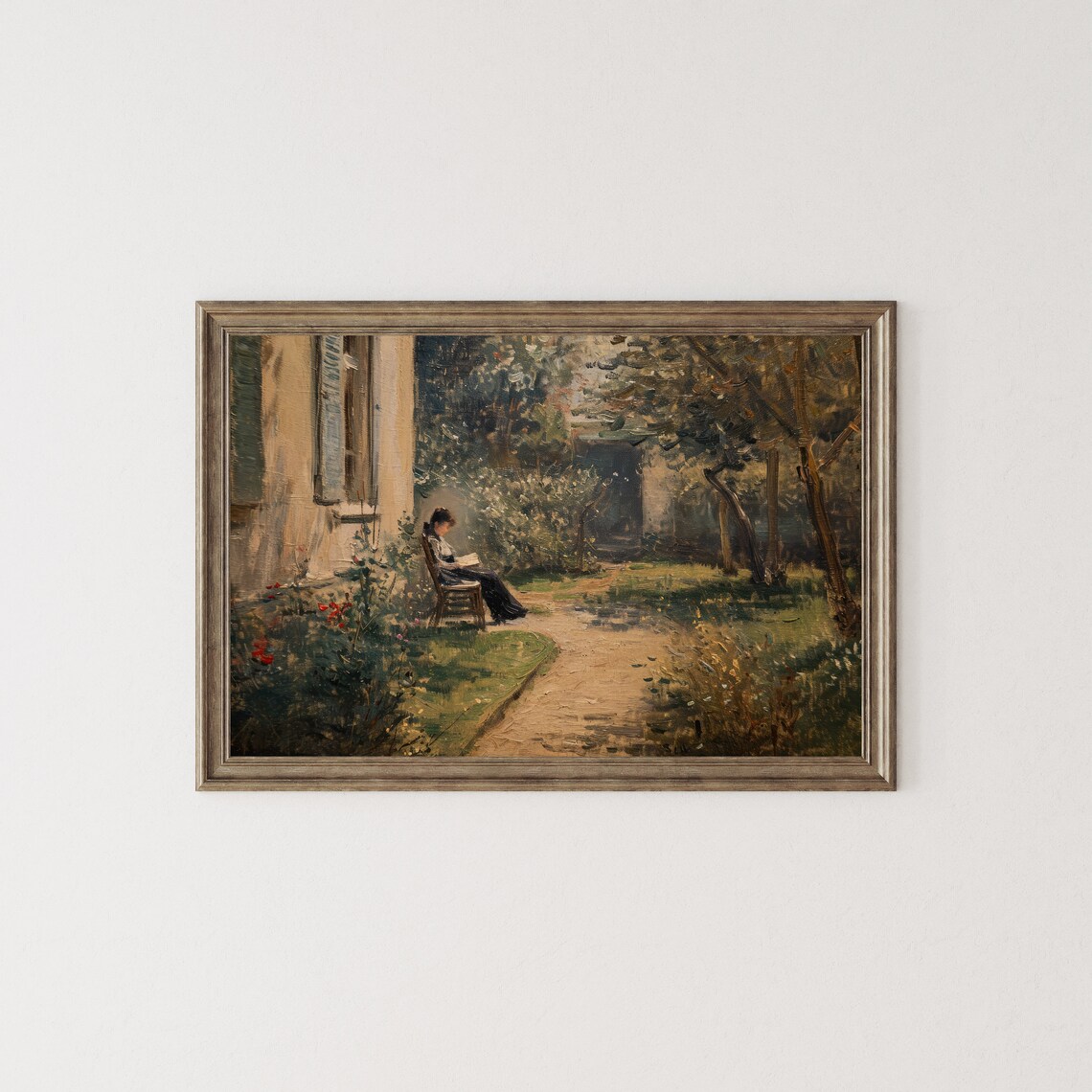 Woman Reading Book In Sunlit Garden Impressionist Figurative Oil Painting Poster - Image 2