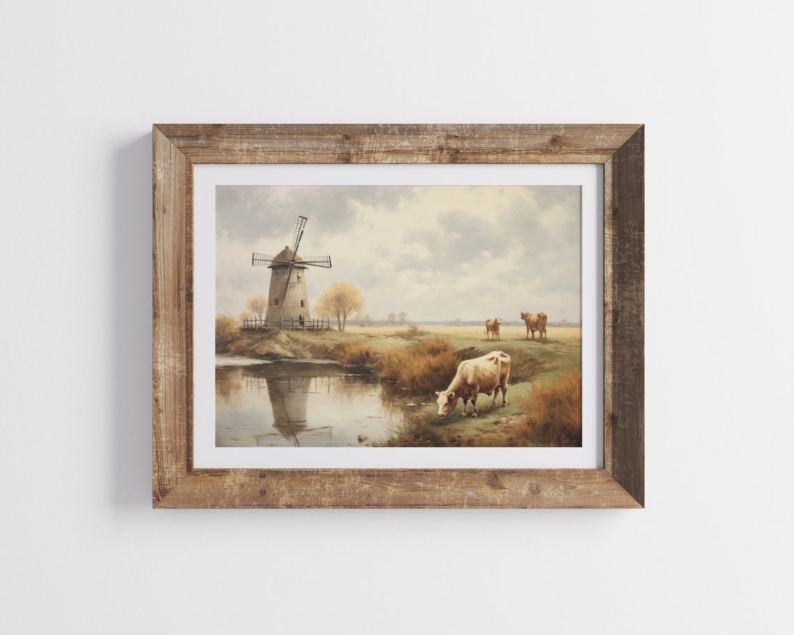 Dutch Windmill With Cows Grazing By Pond Autumn Countryside Poster - Image 2