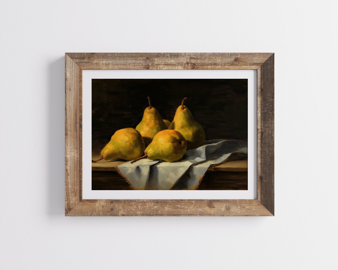 Golden Pear Still Life On Draped Cloth Moody Vintage Kitchen Poster - Image 2