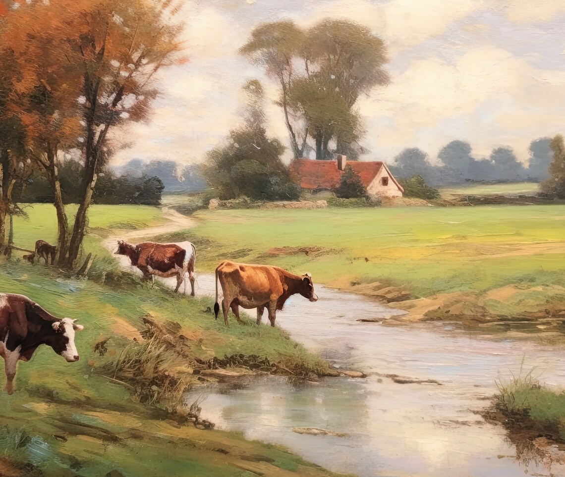 Cows Grazing by River Meadow Farmhouse Autumn Trees Vintage Poster - Image 3