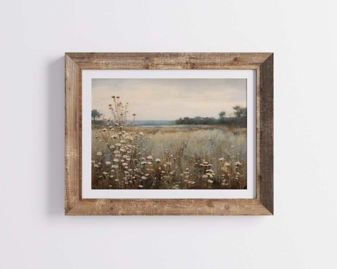 Neutral Wildflower Meadow Field Muted Tonal Vintage Landscape Poster - Image 2