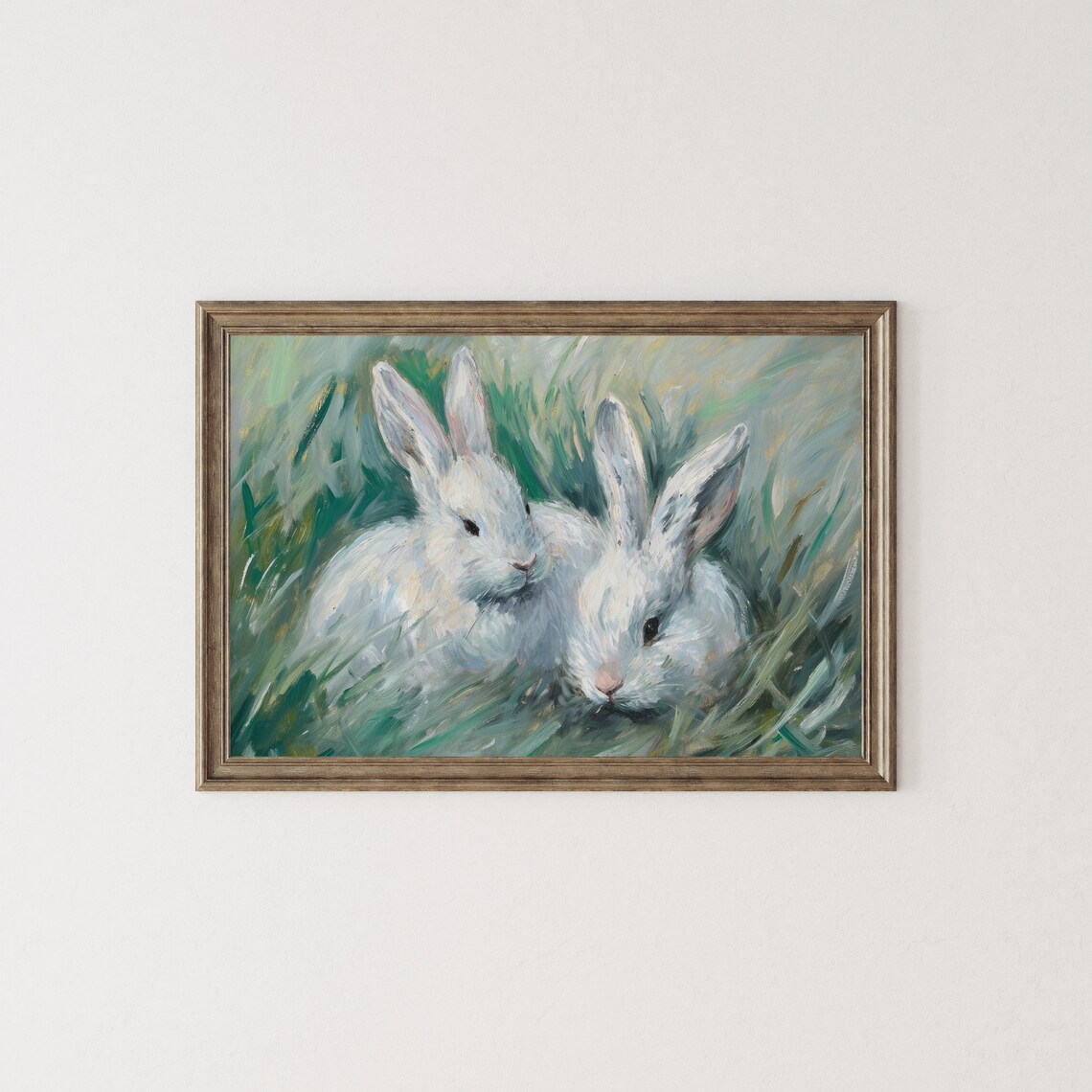 Two White Rabbits Green Grass Vintage Bunny Painting Nursery Farmhouse Art Print - Image 2