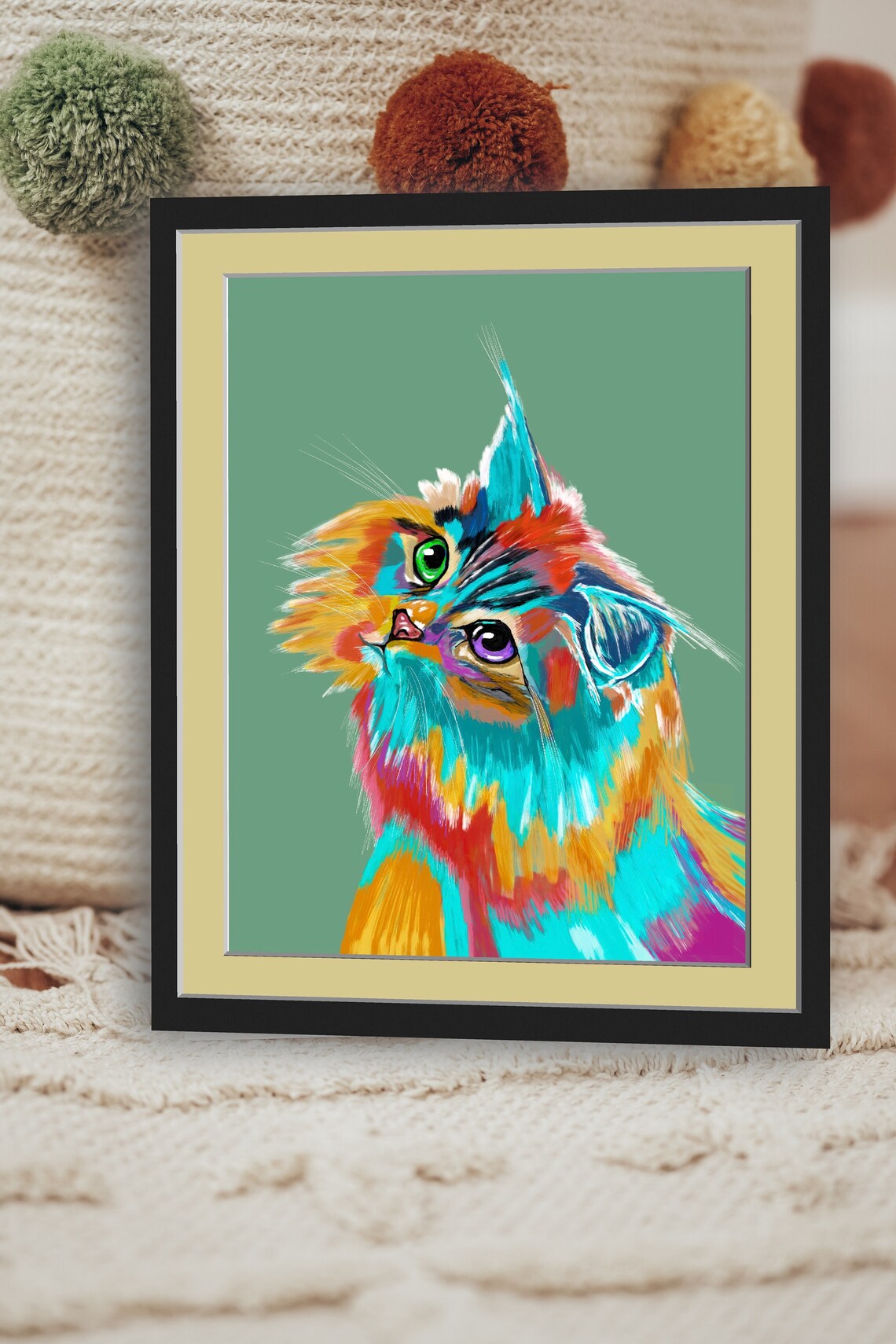Colorful Vibrant Cat Portrait Green Background Nursery Art Poster - Image 4
