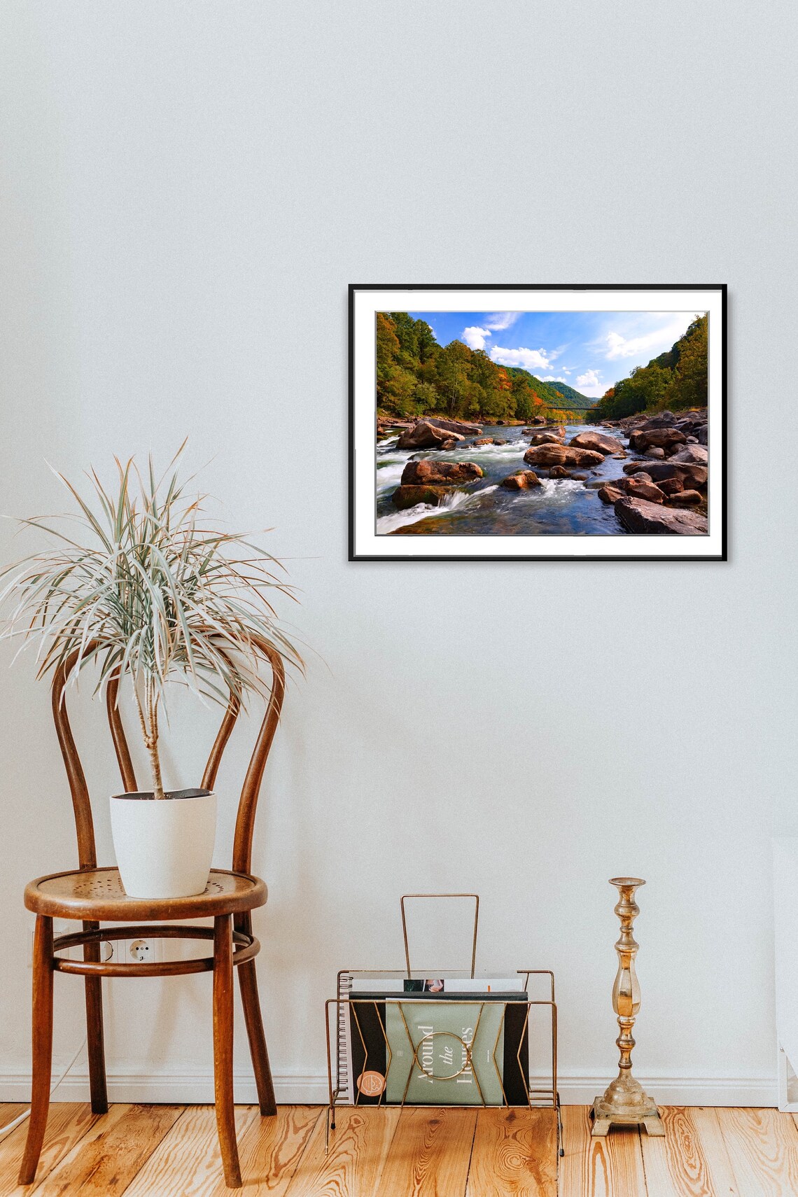 River Rapids And Bridge, Autumn Fall Landscape Art Print - Image 3