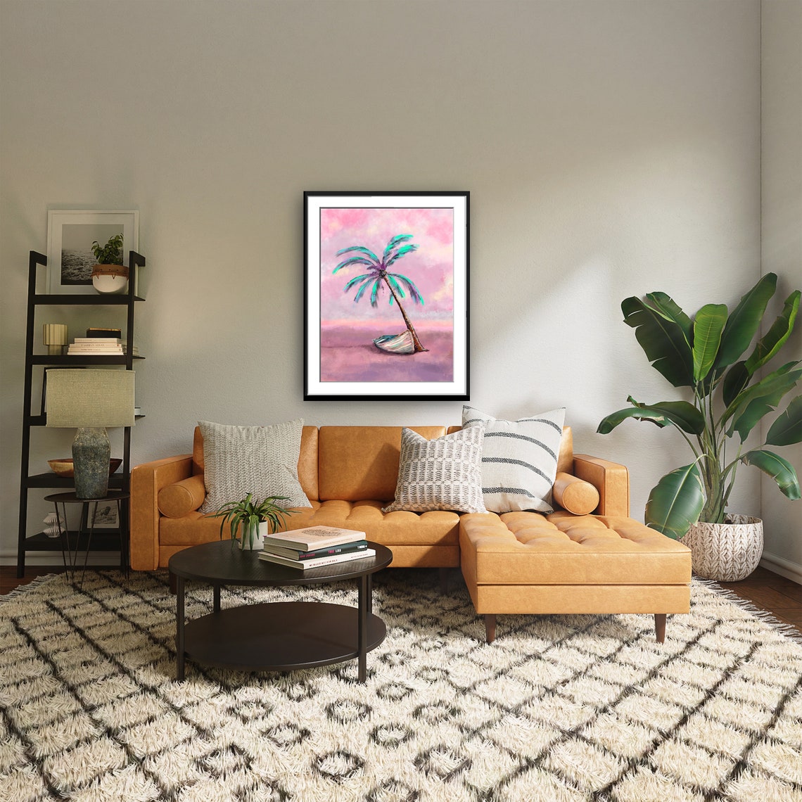 Pink Beach Palm Tree Leaning Over Boat Pastel Seascape Poster - Image 3
