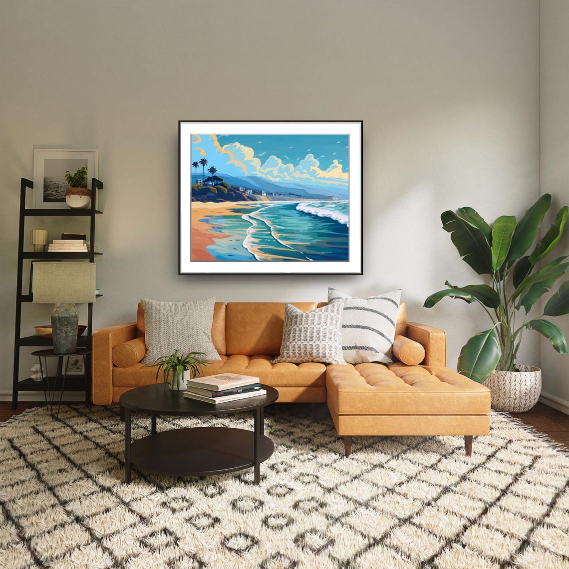 Beach Day Waves Sand Palms Puffy Clouds Coastal Seascape Poster - Image 2