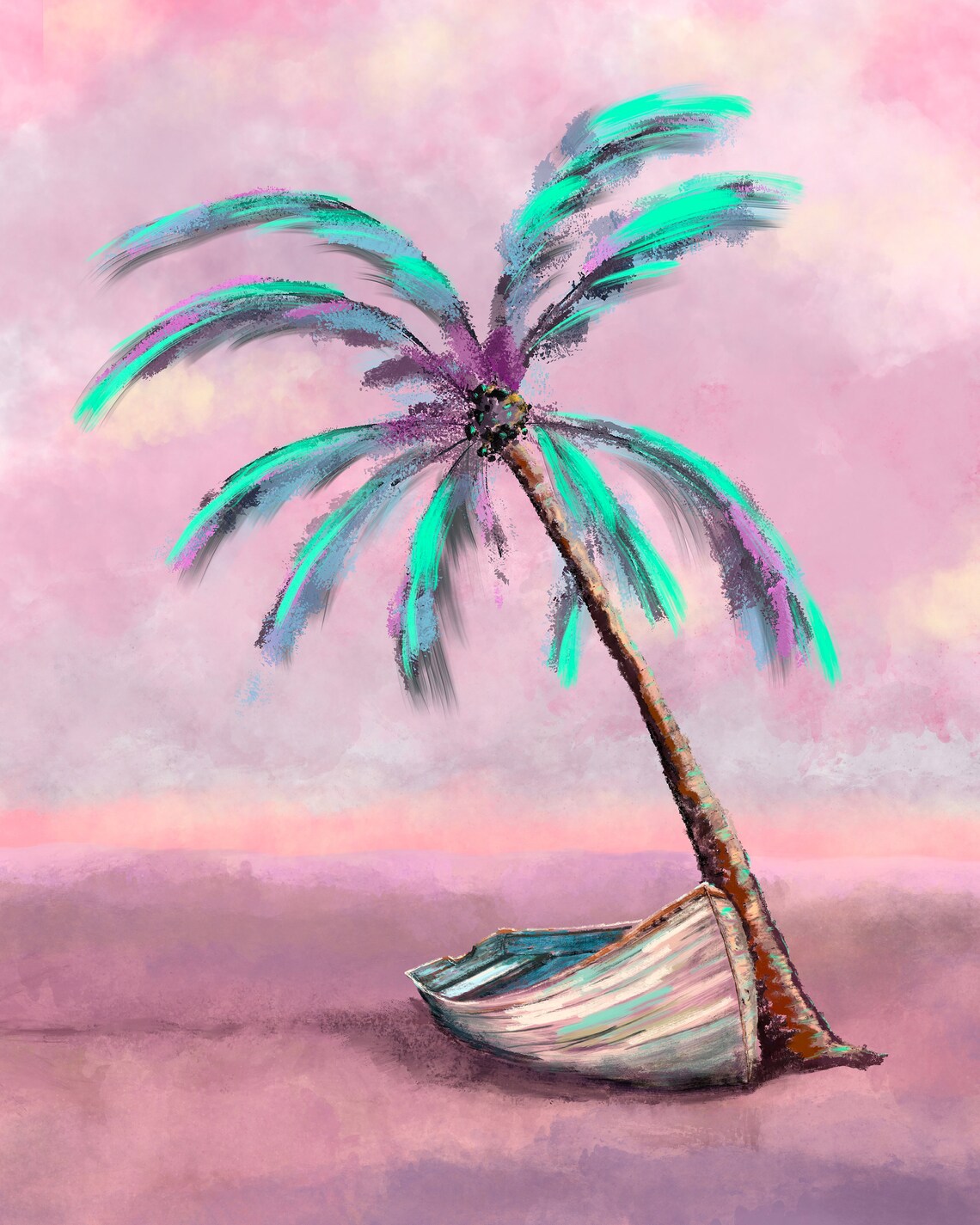 Pink Beach Palm Tree Leaning Over Boat Pastel Seascape Poster - Image 4