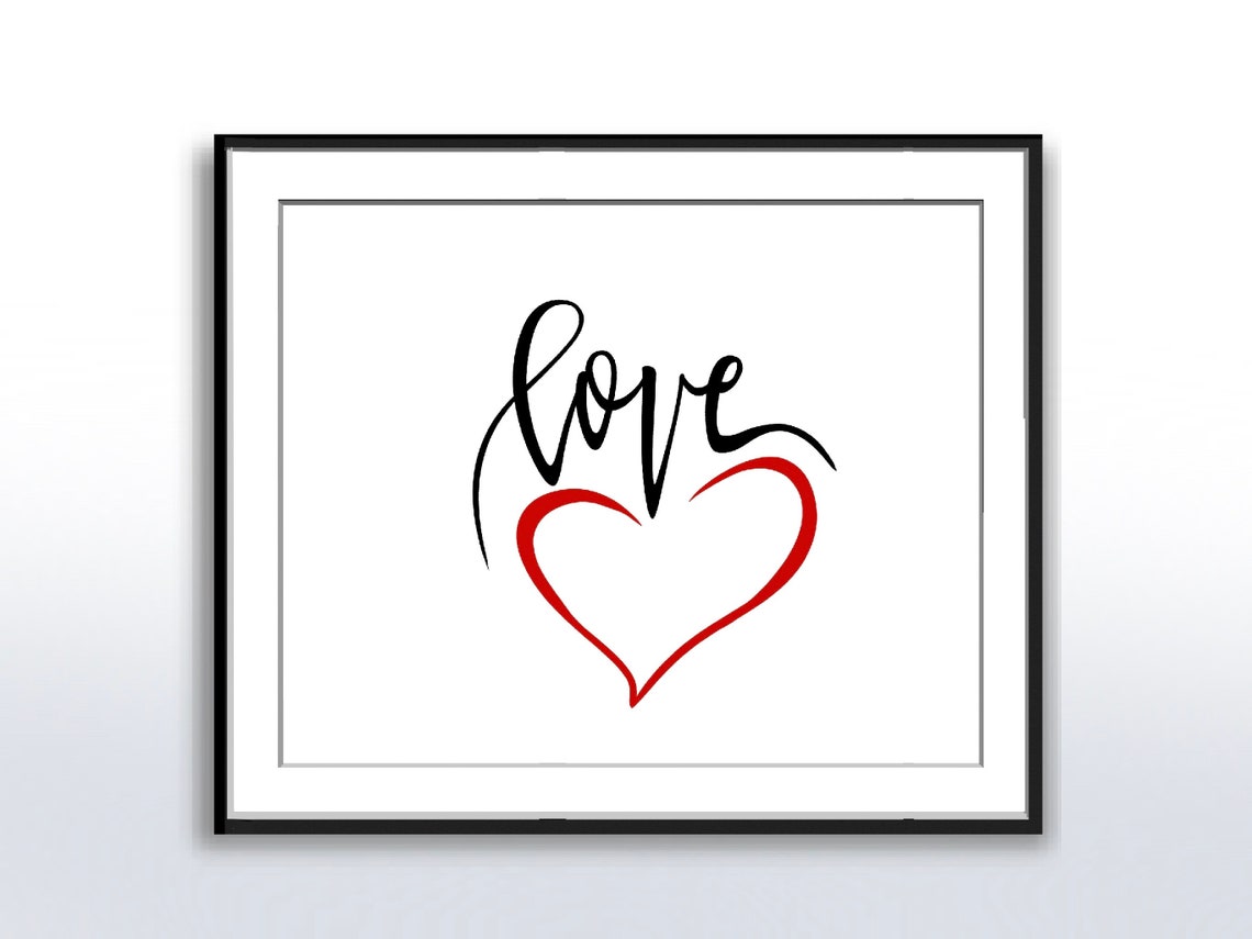 Love Calligraphy Script with Red Heart Minimalist Word Art Poster