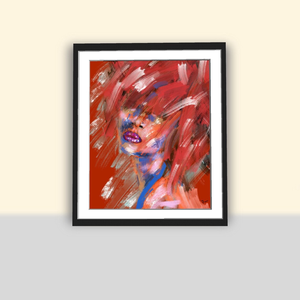 Mysterious Woman's Face On Red, Abstract Art Print - Image 2