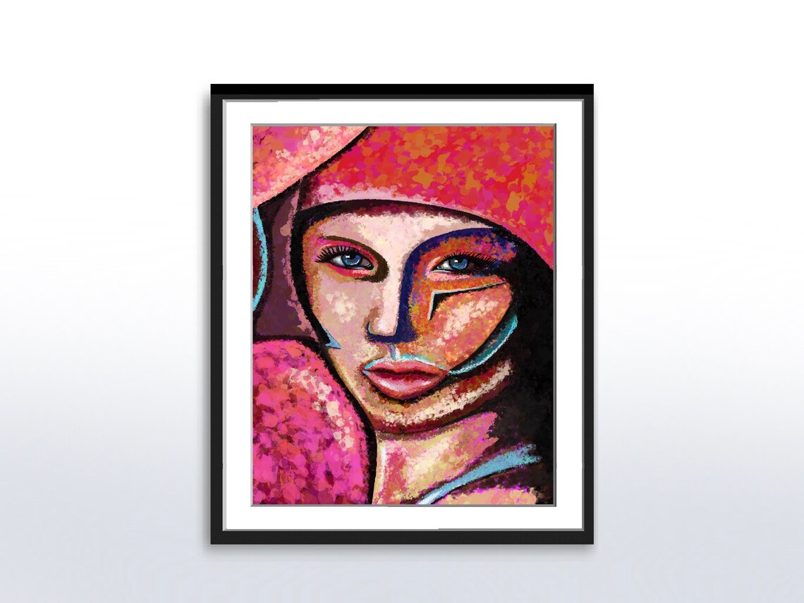 Cubist Womans Face Red Hat Blue Eyes Colorful Abstract Poster - Image 5