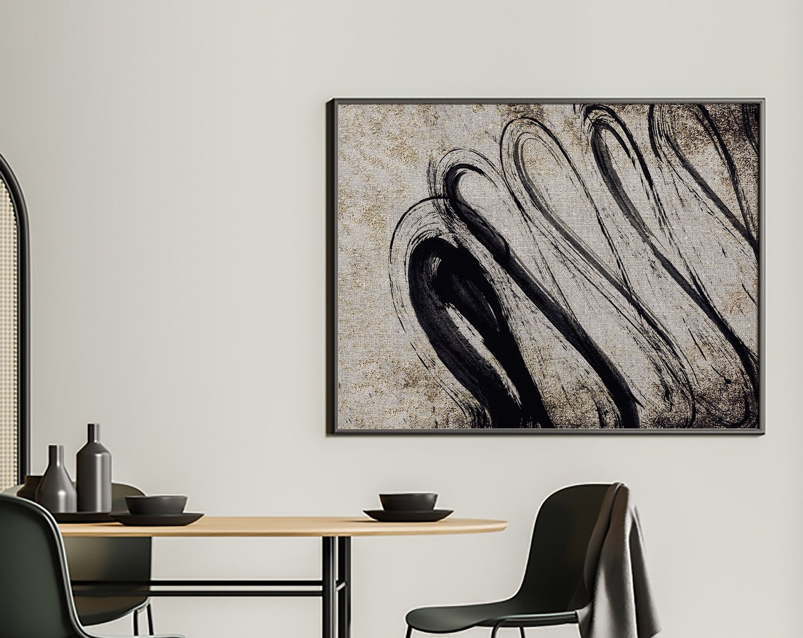 Black Ink Loop Brush Stroke Abstract Art on Textured Beige Poster