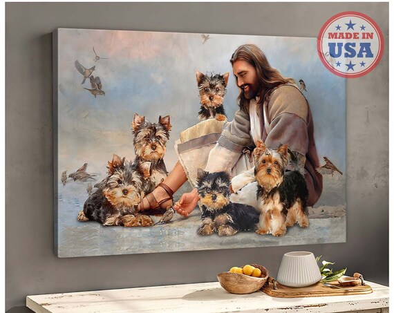 Jesus Surrounded by Five Yorkshire Terrier Puppies Beneath Birds Poster