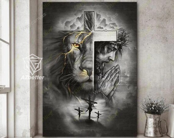 Lion And Praying Jesus Split Face Cross Calvary Faith Art Poster