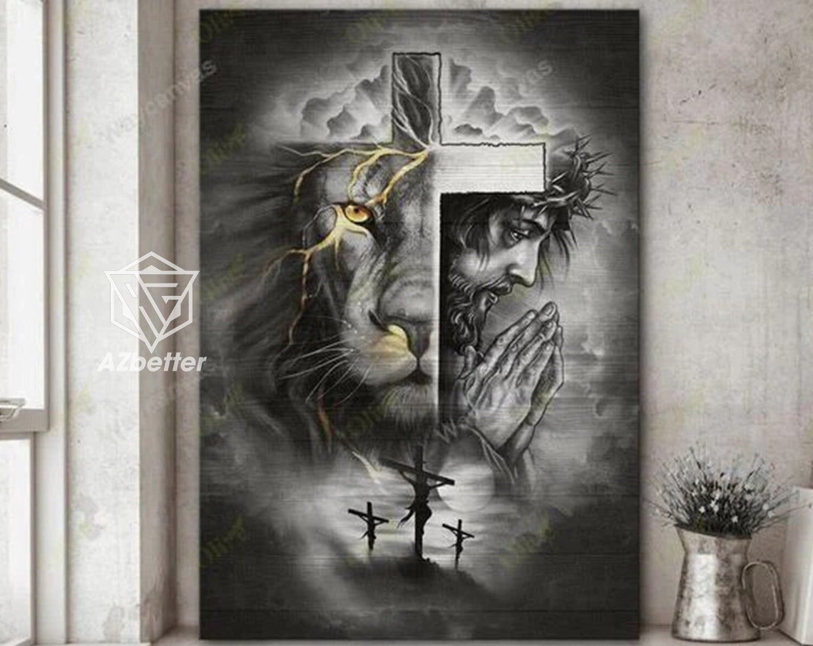 Lion And Praying Jesus Split Face Cross Calvary Faith Art Poster