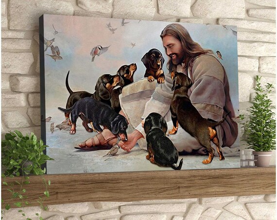 Jesus Surrounded by Dachshund Puppies Heavenly Garden Canvas Poster