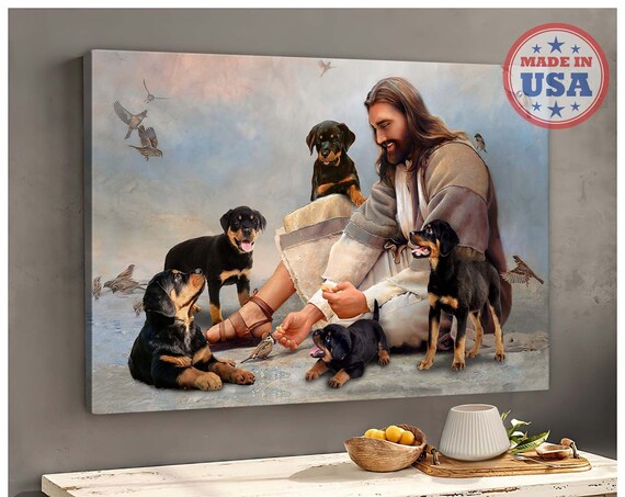 Jesus Surrounded by Five Happy Rottweiler Puppies Beneath Birds Poster