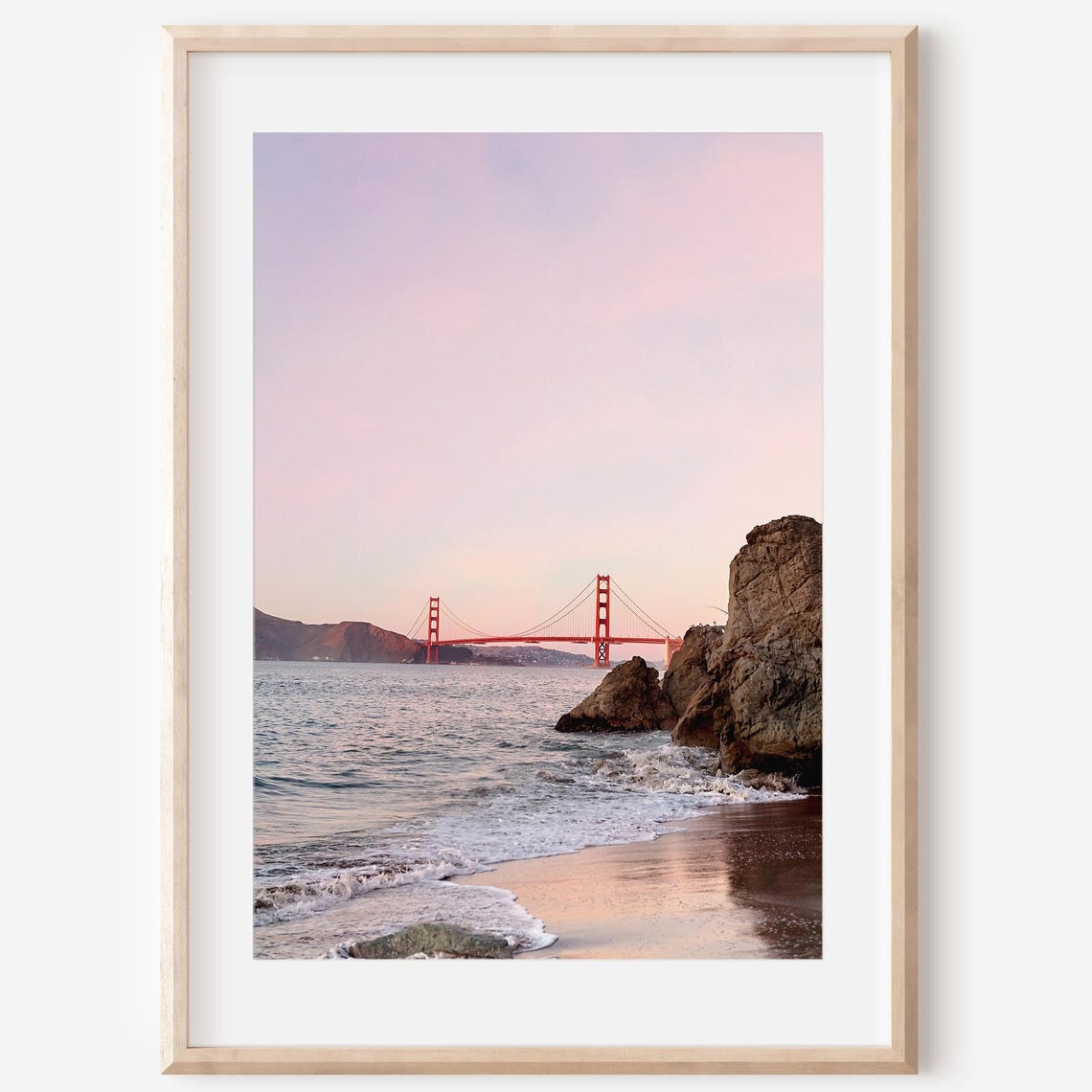 Golden Gate Bridge Sunset View Over Ocean Waves Rocks Poster