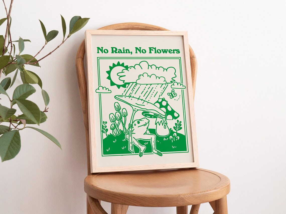 No Rain No Flowers Green Frog Mushroom Umbrella Retro Poster - Image 2