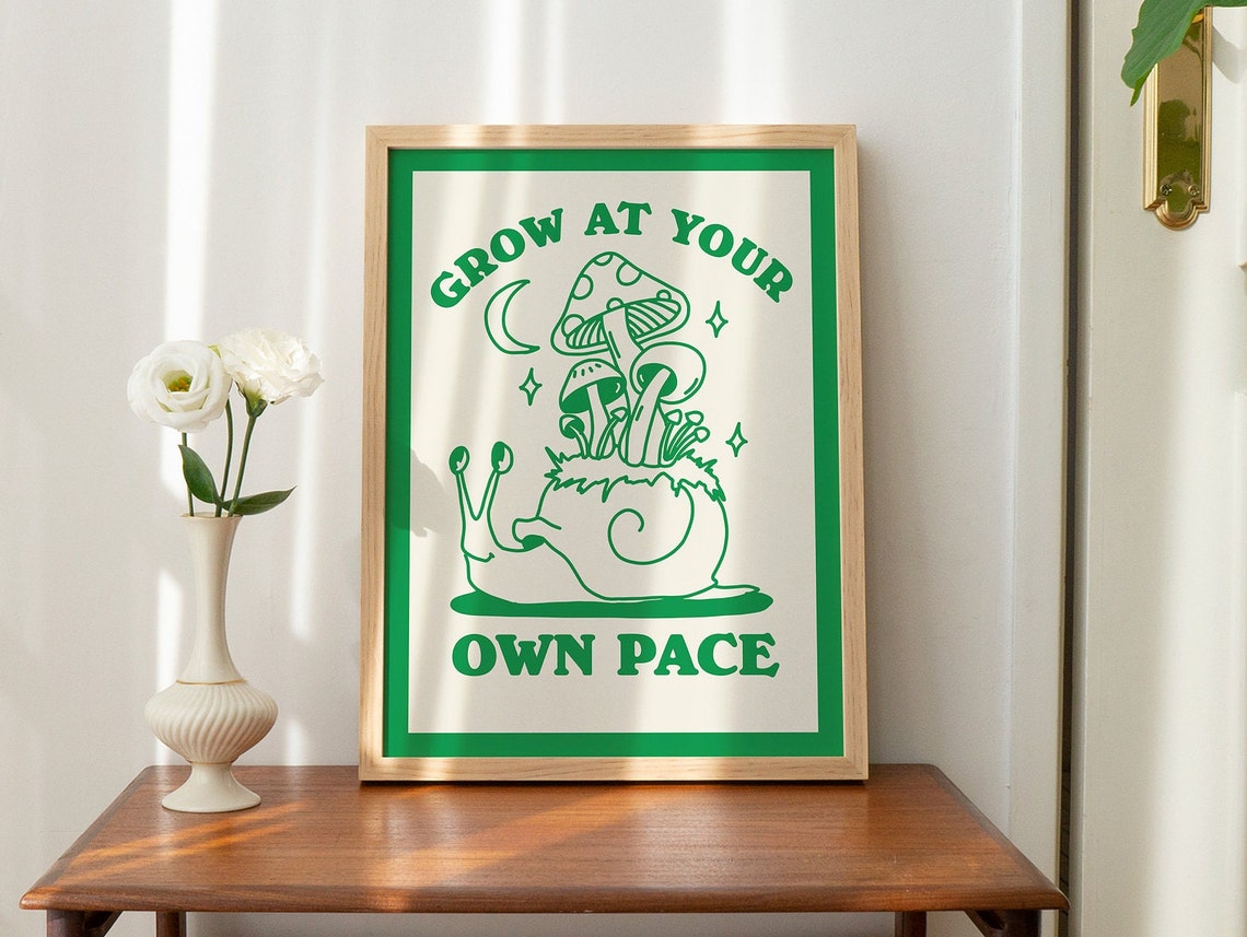 Grow At Your Own Pace Green Retro Snail Mushroom Mindful Quote Poster - Image 2