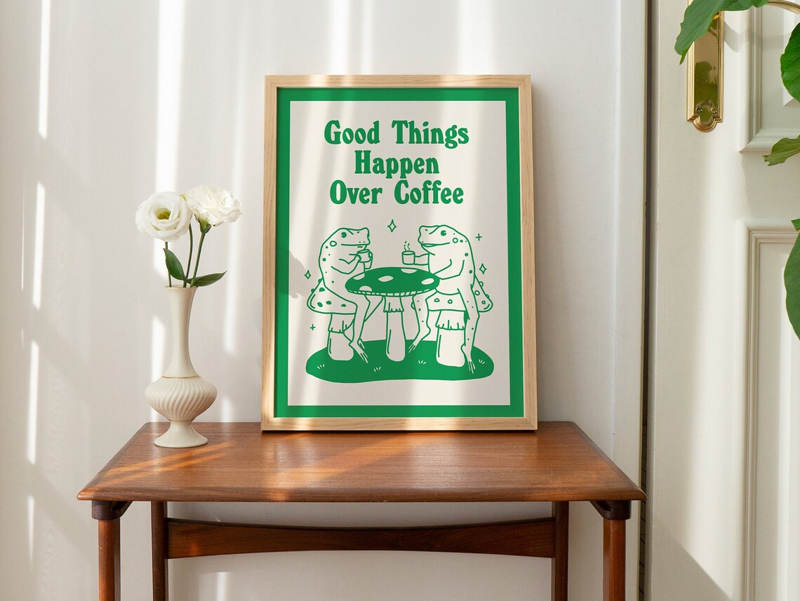 Good Things Happen Over Coffee Frogs Green Monochrome Poster - Image 2