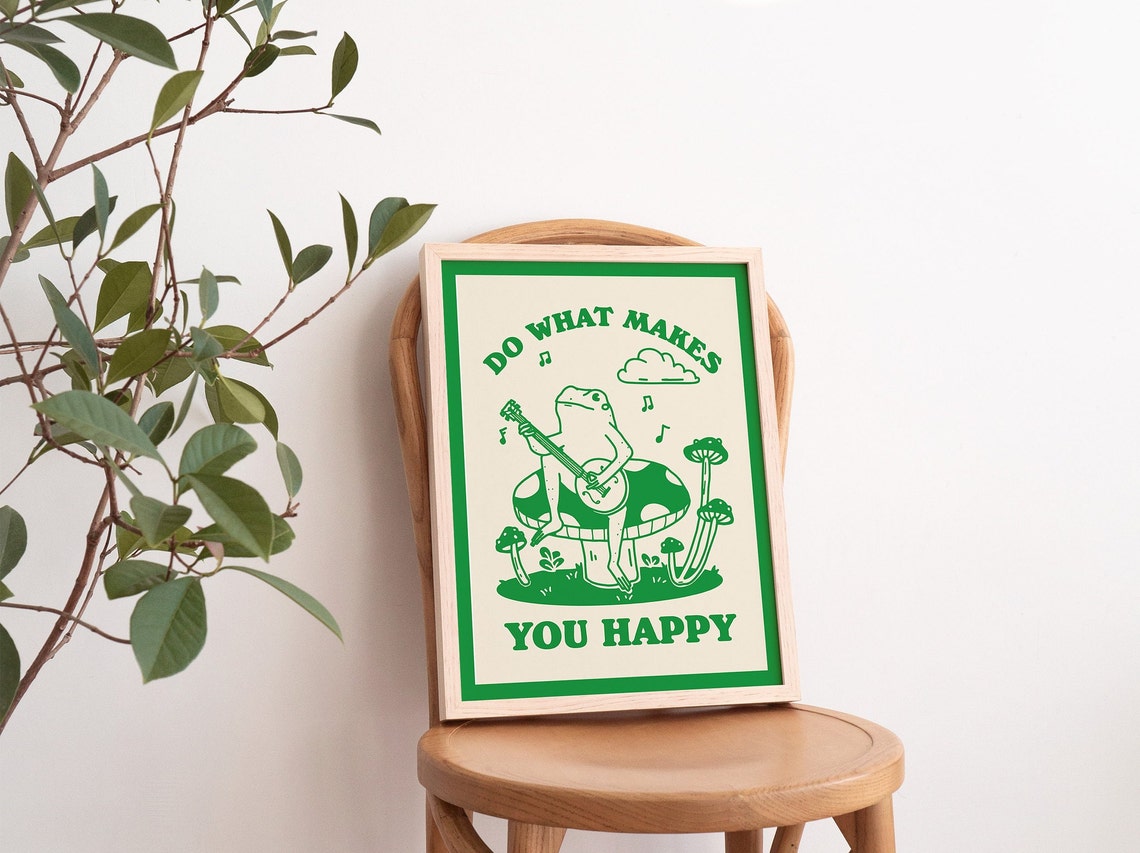 Do What Makes You Happy Guitar Frog Mushroom Retro Green Wall Art - Image 3