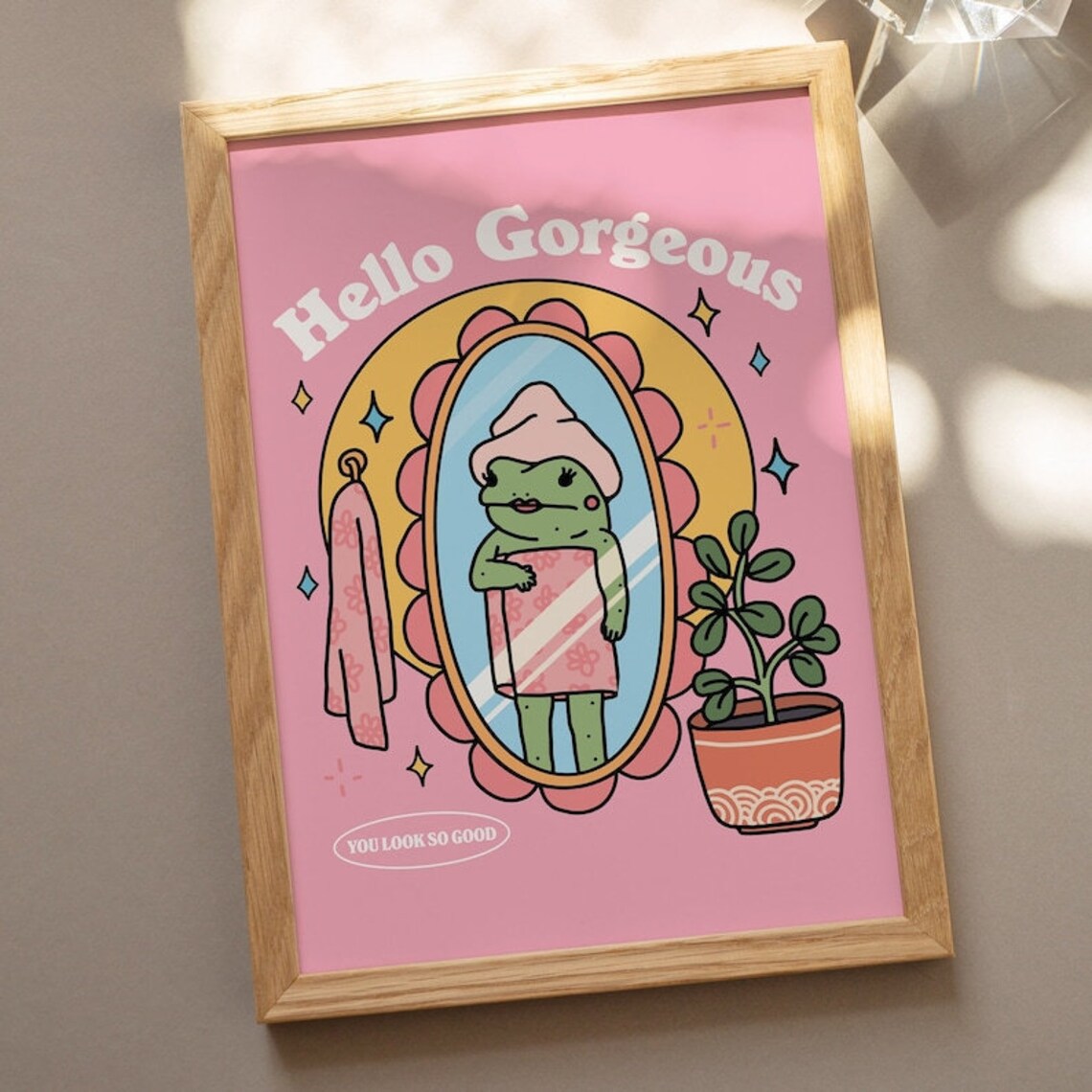 Hello Gorgeous Pink Frog Mirror Selfie Y2K Girly Bathroom Poster - Image 3