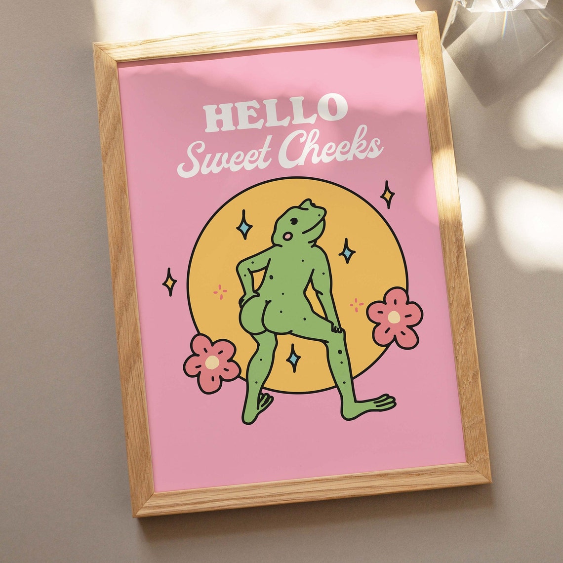 Hello Sweet Cheeks Cheeky Green Frog Retro Pink Bathroom Poster - Image 2