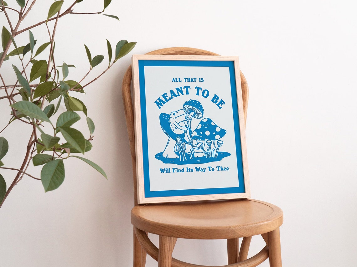 All That Is Meant To Be Frog Hugging Mushroom Blue Retro Poster - Image 3
