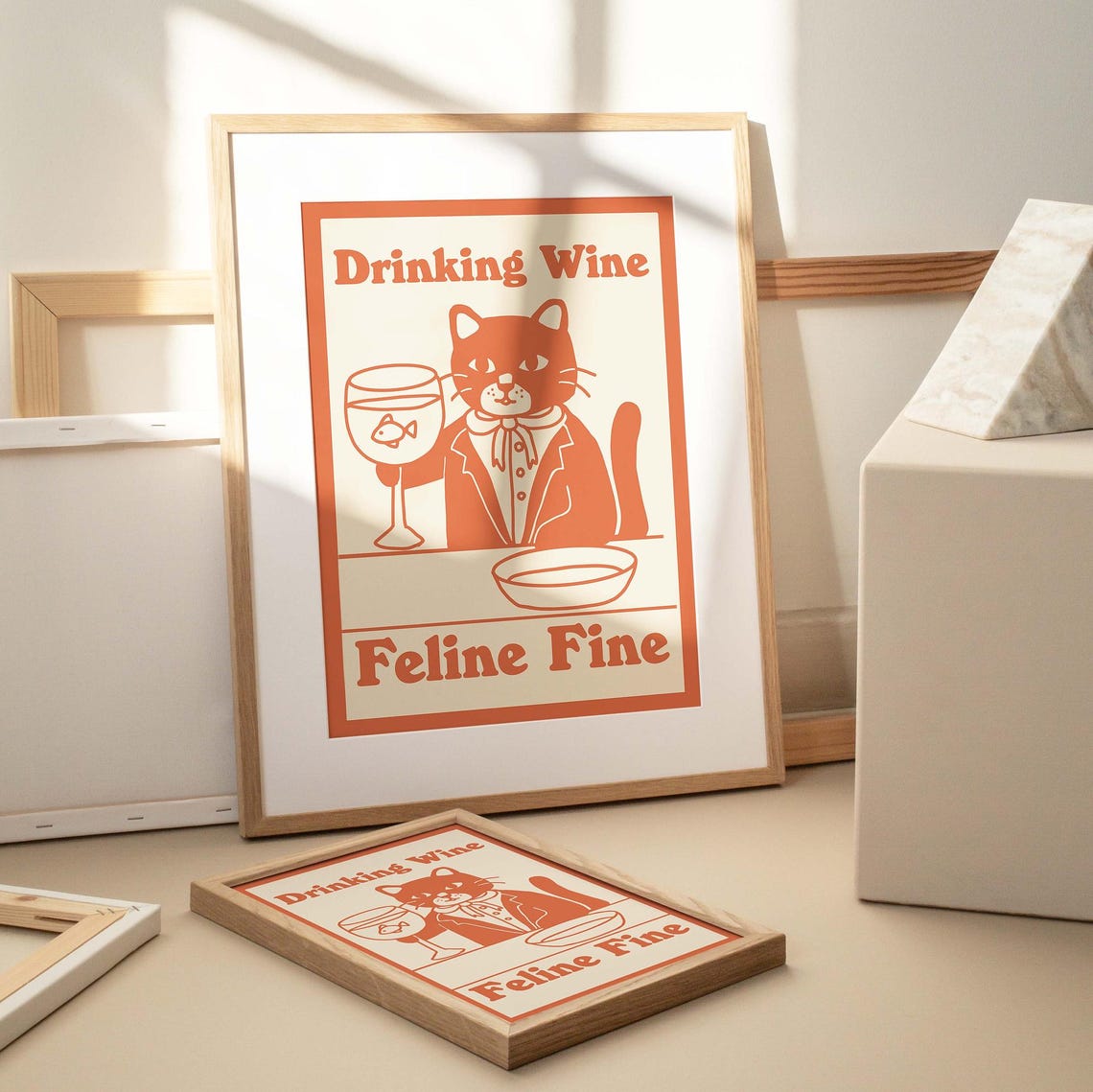 Drinking Wine Feline Fine Retro Orange Funny Cat Quote Poster - Image 2