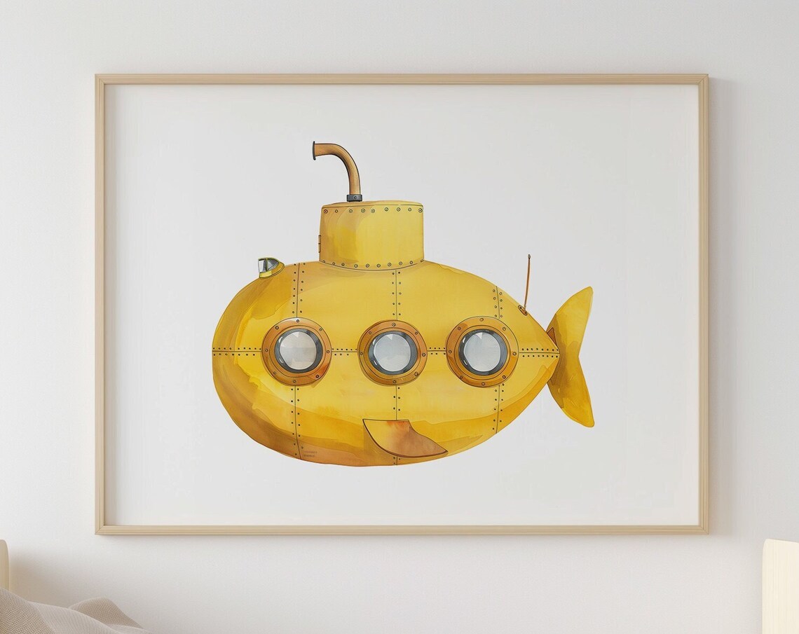 Yellow Submarine Kids Nautical Ocean Decor Watercolor Wall Art - Image 4