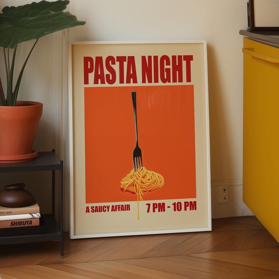 Pasta Night Retro Food Art Poster, Mid-Century Modern