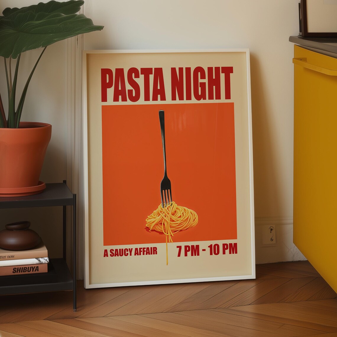 Pasta Night Retro Food Art Poster, Mid-Century Modern