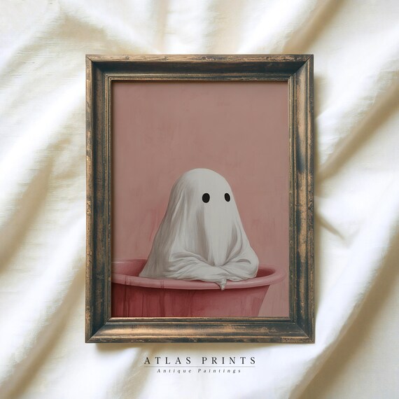 Cute Ghost In Hot Tub Halloween Print Spooky Girl Room Wall Art Funny Bathroom Pink Decor Modern Preppy Prints