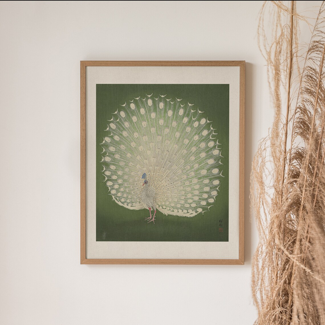 White Peacock Japanese Woodblock Green Vintage Bird Wall Art - Image 3