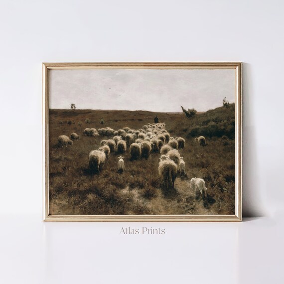 Antique Sheep Flock In Moorland Vintage Pastoral Oil Painting Poster