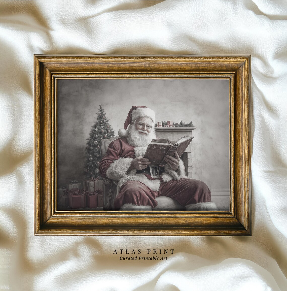 Santa Claus Reading By The Fireplace Vintage Christmas Book Poster - Image 4