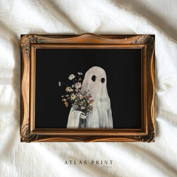 Cute Little Ghost Holding Flower Bouquet Dark Halloween Wall Art