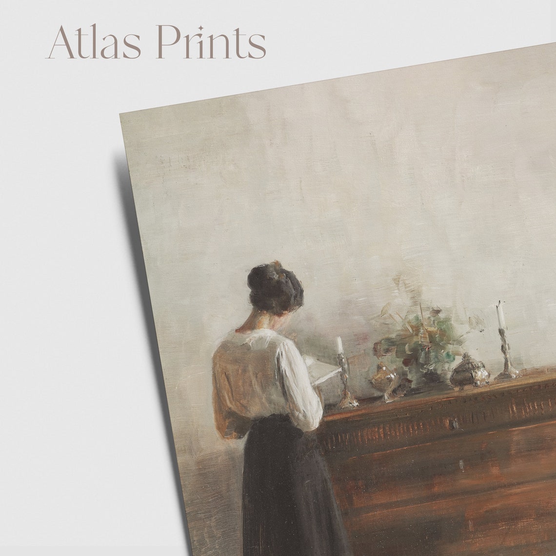 Vintage European Woman Portrait Reading Interior Muted Wall Poster - Image 5