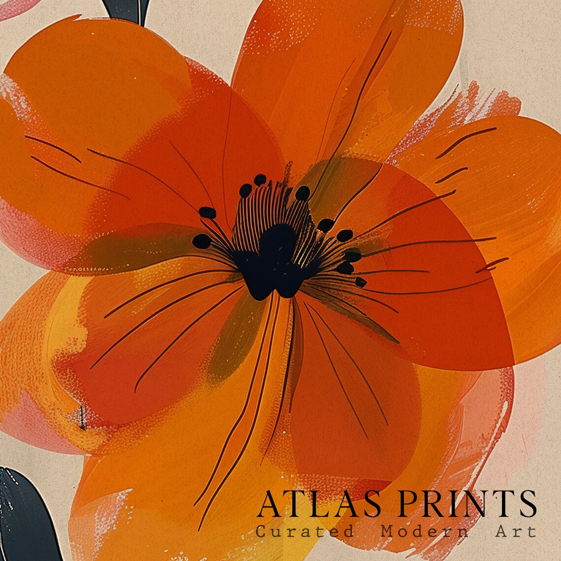 Boho Abstract Orange Flowers Pink Blossom Minimalist Floral Wall Art - Image 3