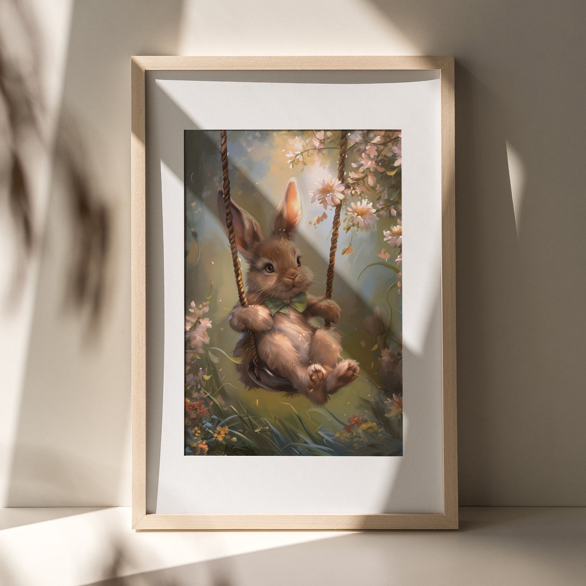 Cute Bunny On A Rope Swing In A Spring Blossom Garden Poster - Image 3